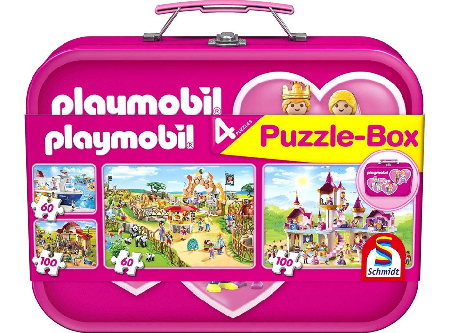 SCHMIDT Puzzle Playmobil 4v1 v plechovom kufríku (60,60,100,100 dielikov)