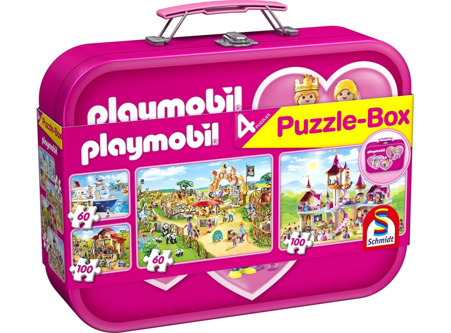 SCHMIDT Puzzle Playmobil 4v1 v plechovom kufríku (60,60,100,100 dielikov)