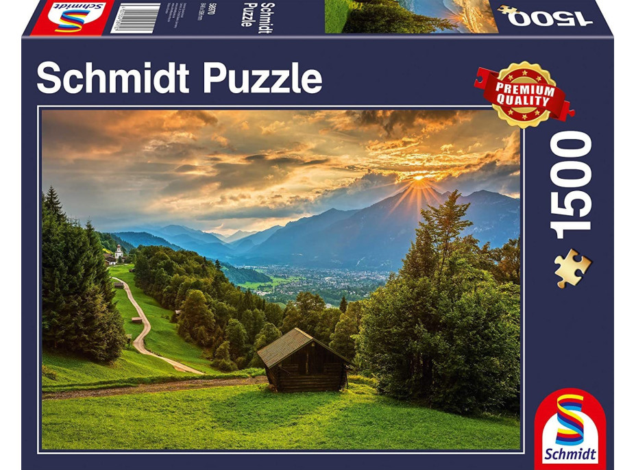 SCHMIDT Puzzle Západ slnka nad horskou dedinou Wamberg 1500 dielikov