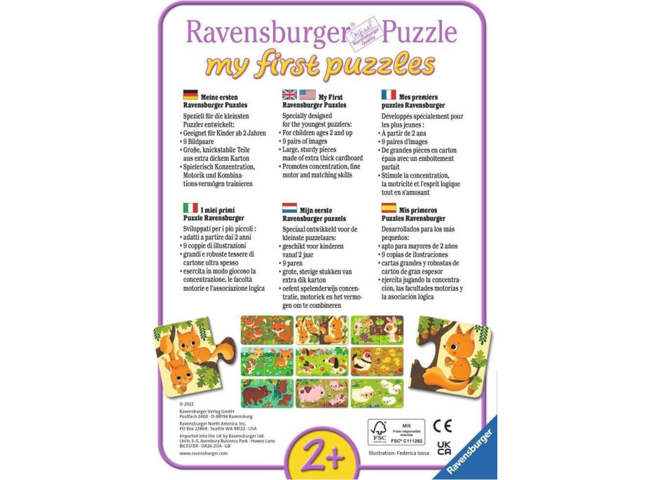 RAVENSBURGER Moje prvé puzzle Zvieratká a mláďatká 9x2 dielikov