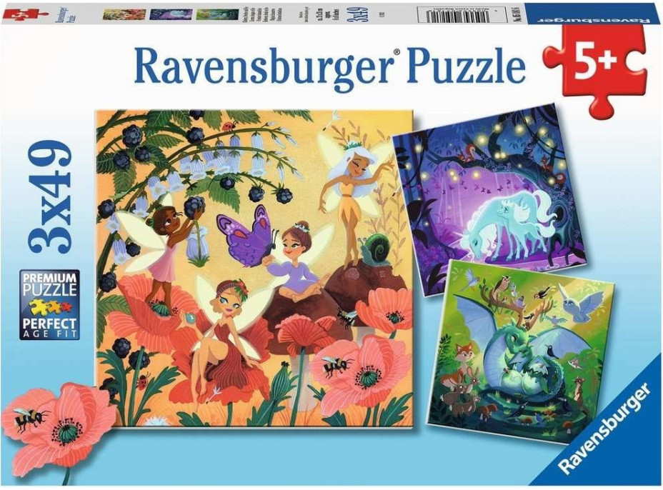 RAVENSBURGER Puzzle Víly, drak a jednorožec 3x49 dielikov