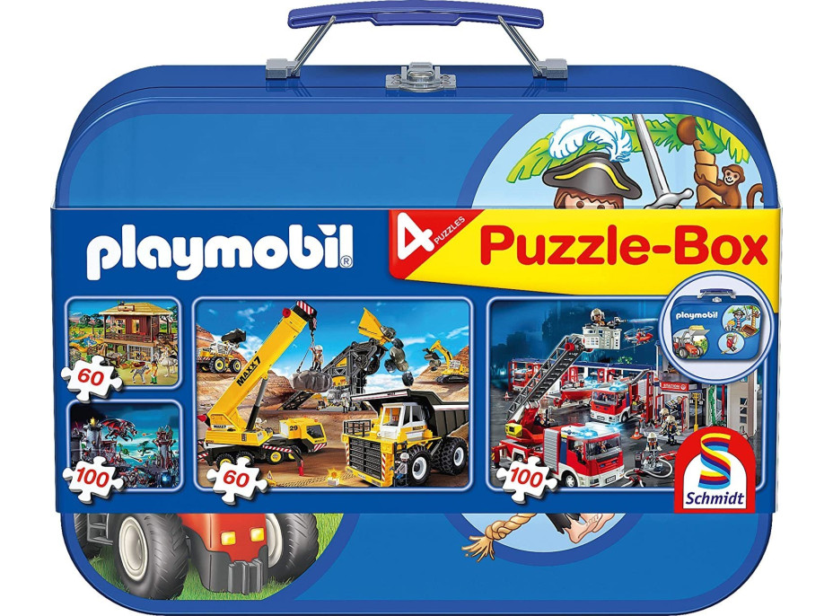 SCHMIDT Puzzle Playmobil 4v1 v plechovom kufríku (60,60,100,100 dielikov)