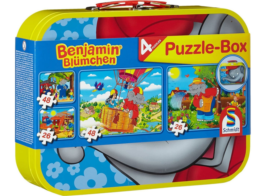 SCHMIDT Puzzle Benjamin Kvietko 4v1 v plechovom kufríku (26,26,48,48 dielikov)