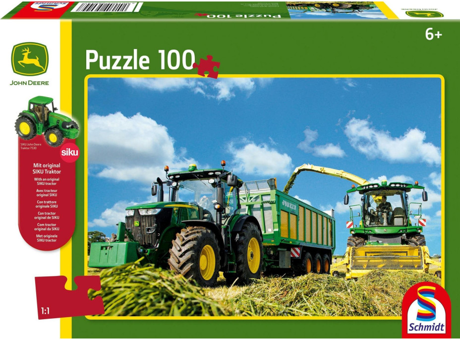 SCHMIDT Puzzle John Deere Traktor s rezačkou 100 dielikov + model SIKU