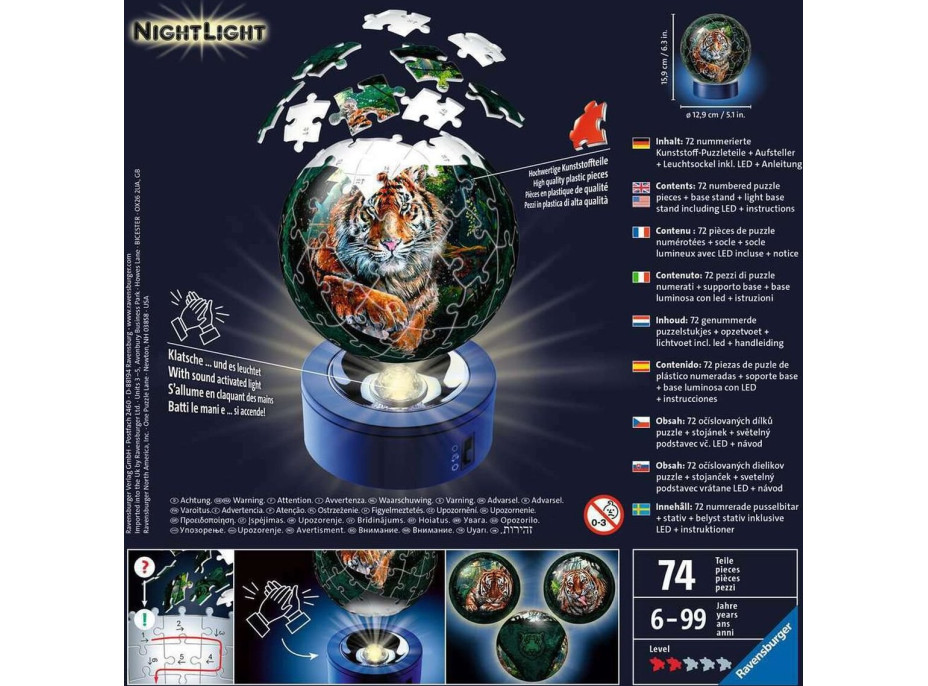 RAVENSBURGER Svietiaci puzzleball Tiger 72 dielikov