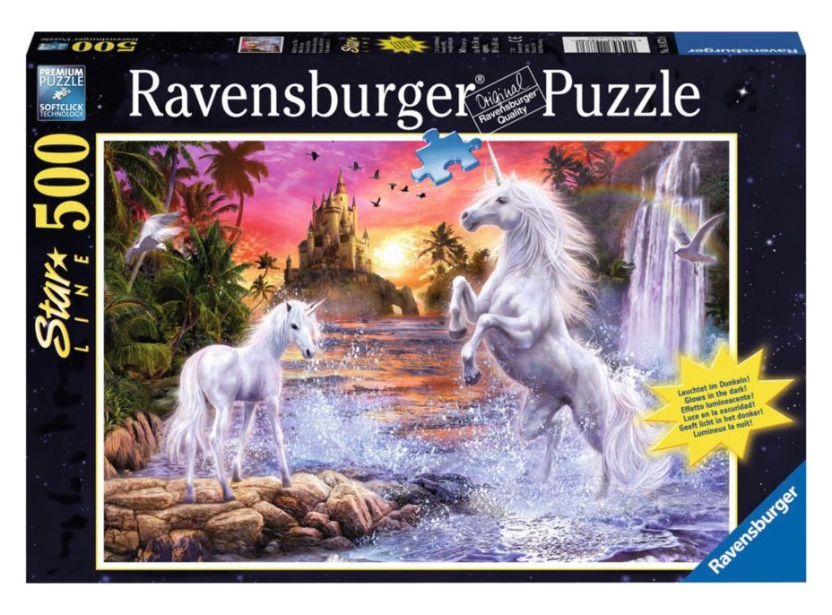 RAVENSBURGER Svietiace puzzle Jednorožce pri rieke 500 dielikov