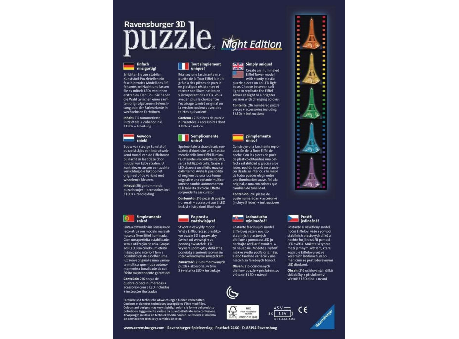 RAVENSBURGER Svietiace 3D puzzle Nočná edícia Eiffelova veža 216 dielikov