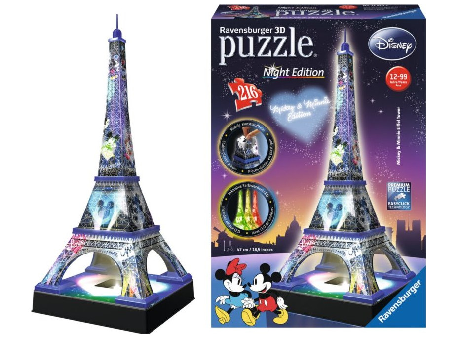 RAVENSBURGER Svietiace 3D puzzle Nočná edícia Eiffelova veža Disney 216 dielikov