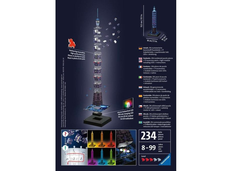 RAVENSBURGER Svietiace 3D puzzle Nočná edícia Taipei 101, Taiwan 216 dielikov