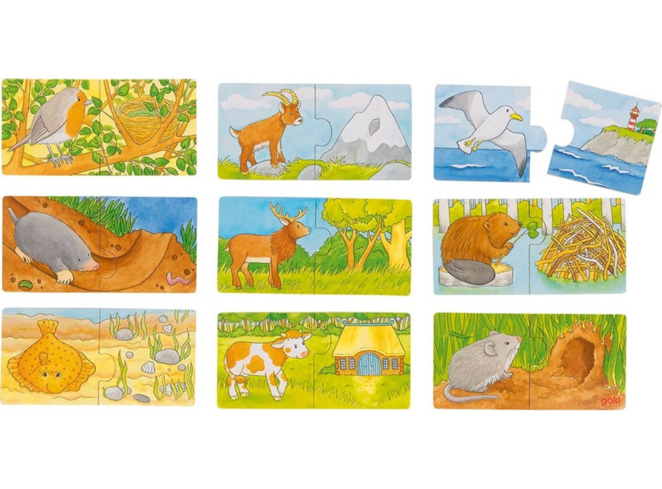 GOKI Drevené puzzle dvojice Zvieratká a ich domov 9x2 dielikov