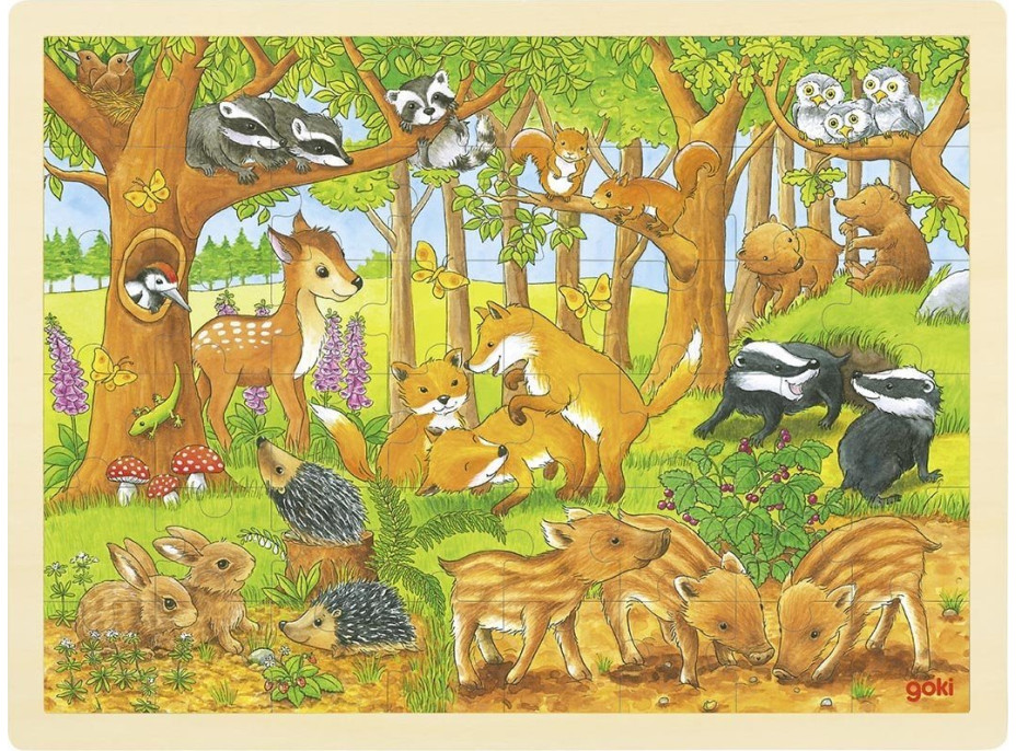 GOKI Drevené puzzle Zvieracie mláďatká v lese 48 dielikov