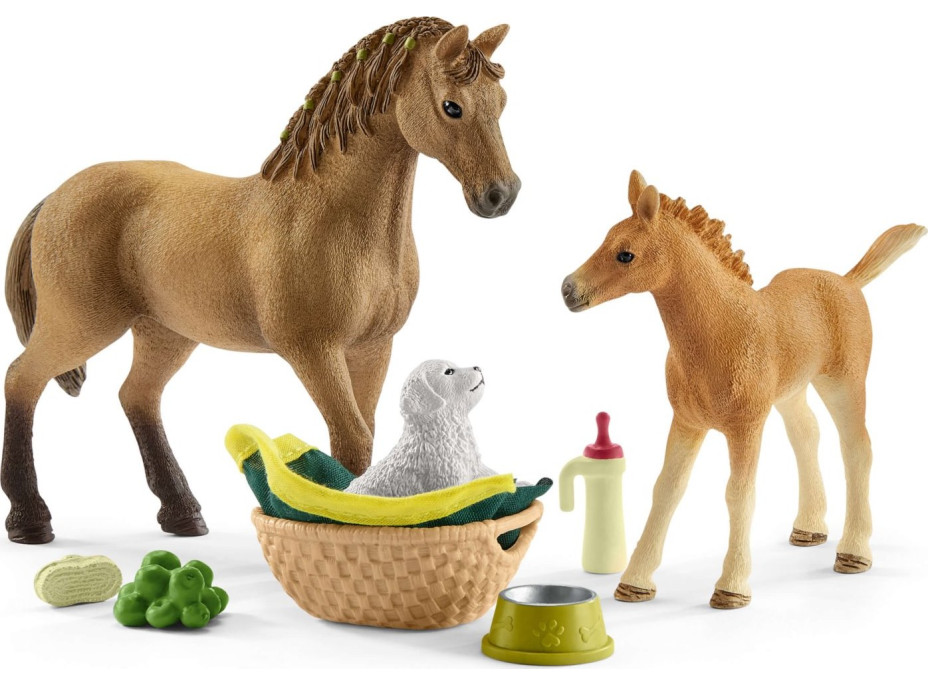 SCHLEICH Horse Club® 42432 Set žriebä a Quarter kôň so šteniatkom a doplnky