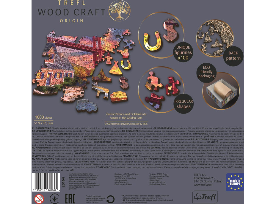 Trefl Wood Craft Origin puzzle Západ slnka nad Golden Gate 1000 dielikov