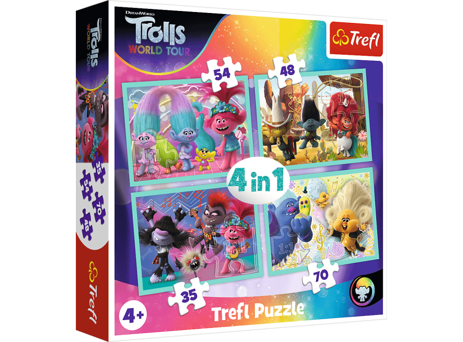 TREFL Puzzle Trollovia 2: Svetové turné 4v1 (35,48,54,70 dielikov)