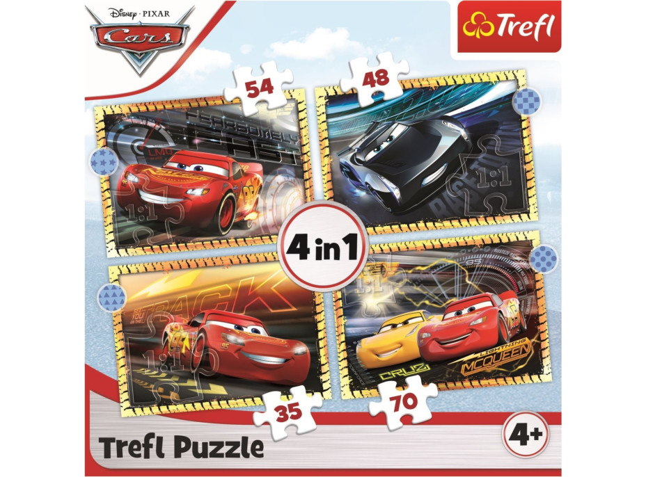 Trefľ Puzzle Autá 3: Pripraviť, pozor, teraz! 4v1 (35,48,54,70 dielikov)