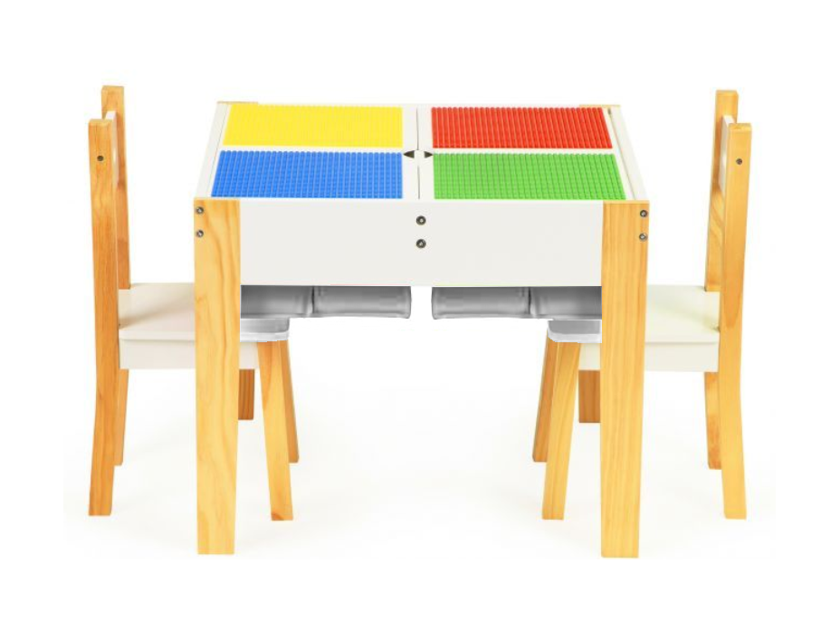 ECOTOYS Detský drevený stôl s hracou doskou a dvoma stoličkami