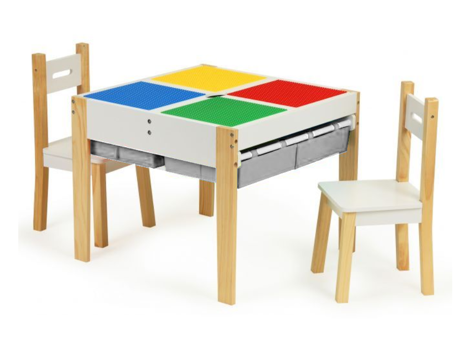 ECOTOYS Detský drevený stôl s hracou doskou a dvoma stoličkami