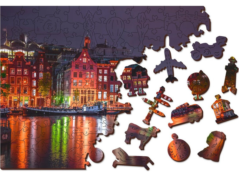 WOODEN CITY Drevené puzzle Nočný Amsterdam 2v1, 75 dielikov EKO
