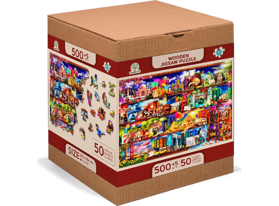 WOODEN CITY Drevené puzzle Police na knihy o cestovaní 2v1, 505 dielikov EKO