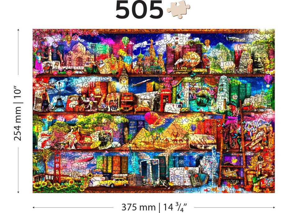 WOODEN CITY Drevené puzzle Police na knihy o cestovaní 2v1, 505 dielikov EKO