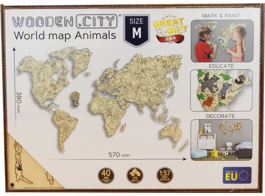 WOODEN CITY Drevená mapa so zvieratkami veľkosť M (57x38cm)