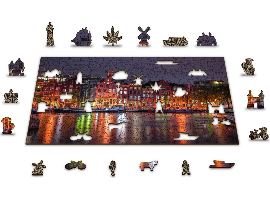 WOODEN CITY Drevené puzzle Nočný Amsterdam 2v1, 150 dielikov EKO