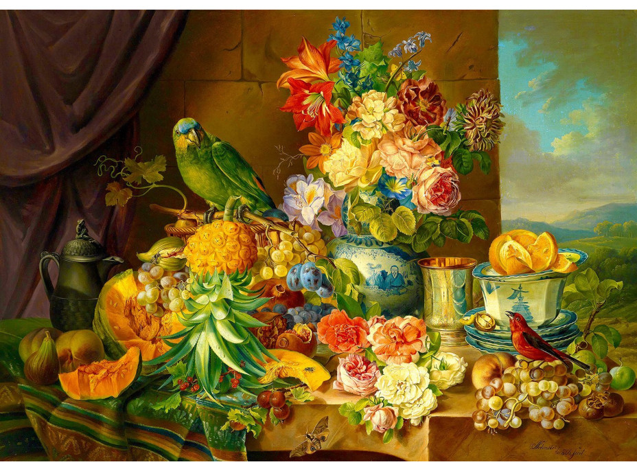 ENJOY Puzzle Josef Schuster: Zátišie s kvetmi, ovocím a papagájom 1000 dielikov