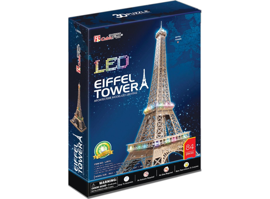 CUBICFUN Svietiace 3D puzzle Eiffelova veža 84 dielikov