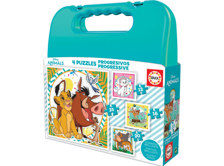 EDUCA Puzzle v kufríku Disney zvieratká 4v1 (12,16,20,25 dielikov)