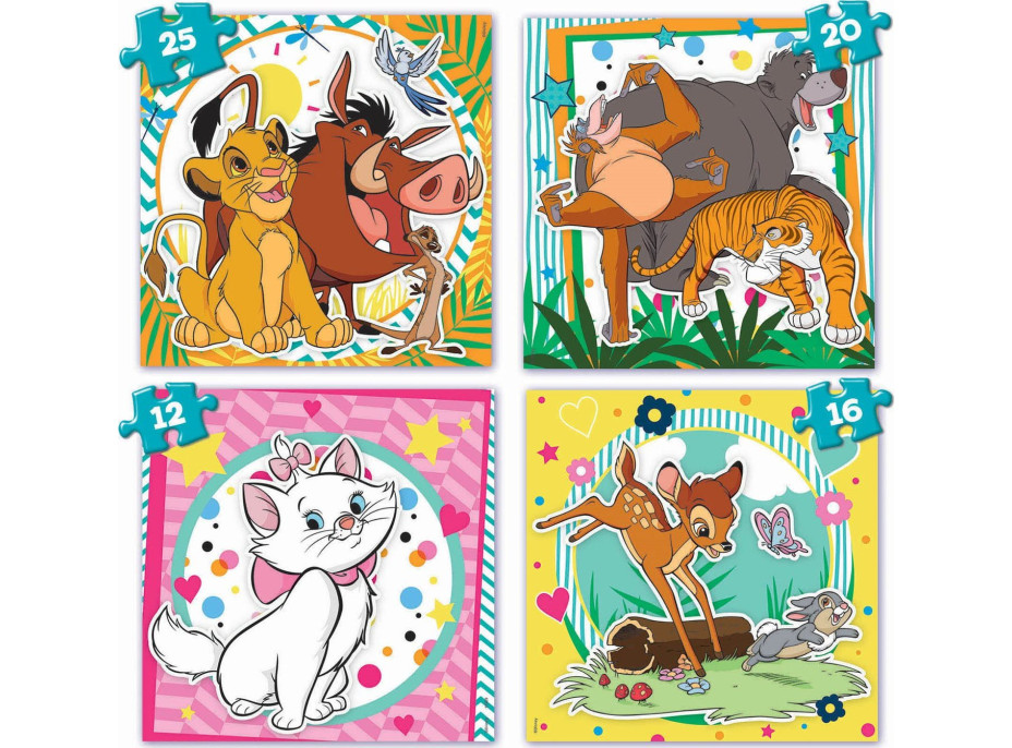 EDUCA Puzzle v kufríku Disney zvieratká 4v1 (12,16,20,25 dielikov)