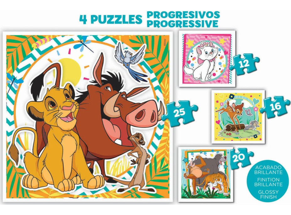 EDUCA Puzzle v kufríku Disney zvieratká 4v1 (12,16,20,25 dielikov)