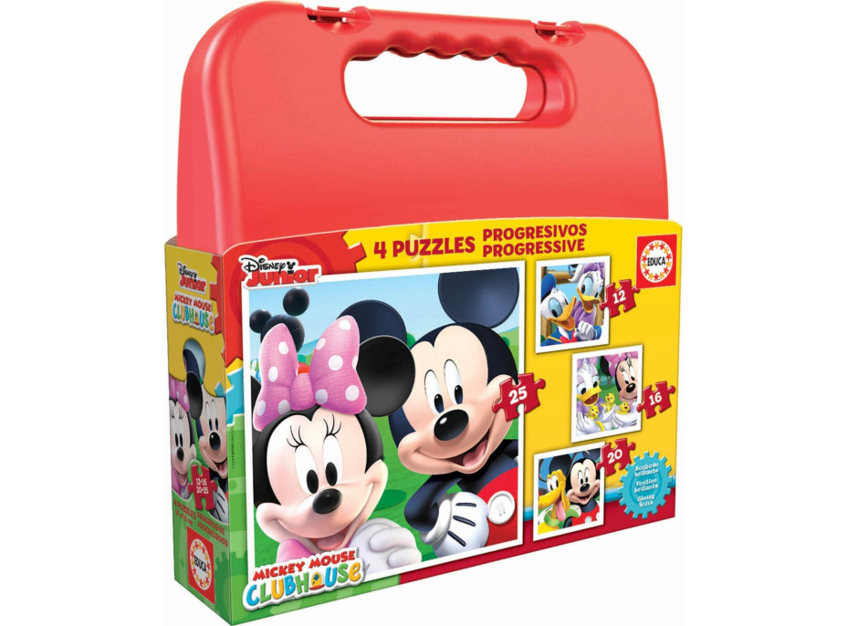 EDUCA Puzzle v kufríku Mickey Mouse a kamaráti 4v1 (12,16,20,25 dielikov)