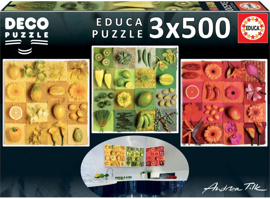 EDUCA Štvorcové puzzle Exotické ovocie a kvety 3x500 dielikov