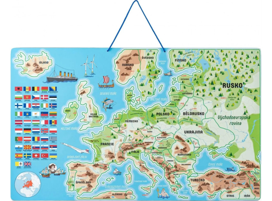 WOODY Magnetická mapa Európy s obrázkami a spoločenská hra, 3v1 v slovenskom jazyku