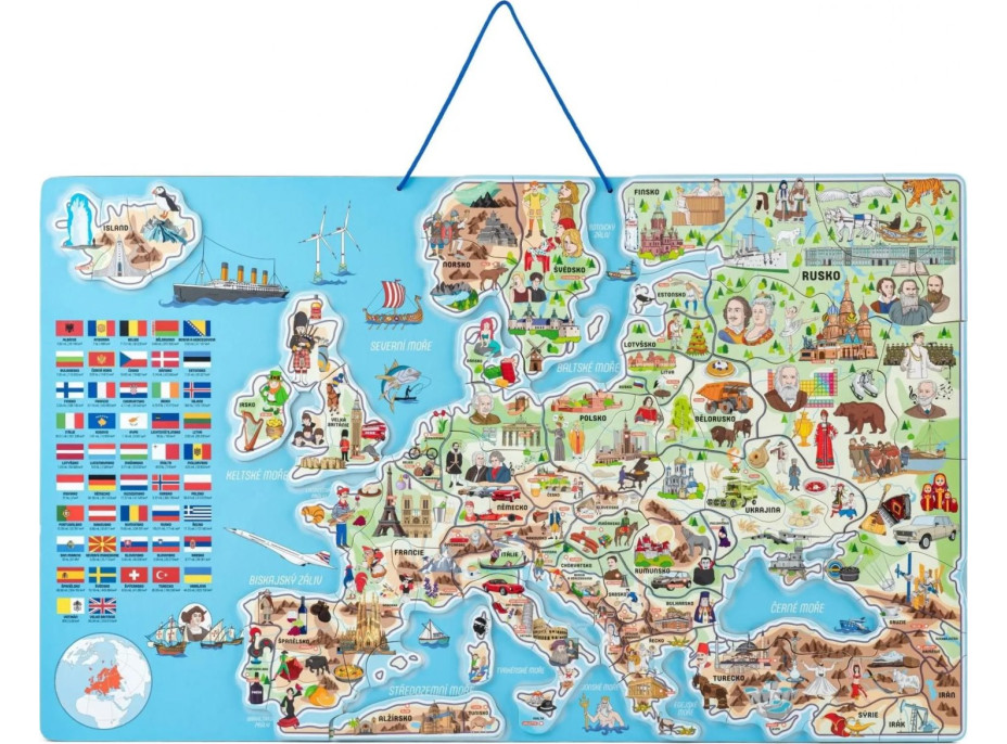 WOODY Magnetická mapa Európy s obrázkami a spoločenská hra, 3v1 v slovenskom jazyku