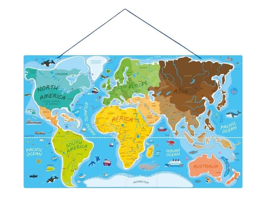 WOODY Magnetické puzzle Mapa - Svet v obrázkoch 2v1