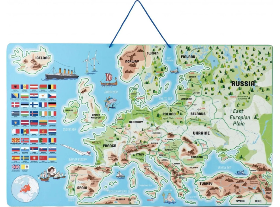 WOODY Magnetická mapa Európy s obrázkami a spoločenská hra, 3v1 v angličtine