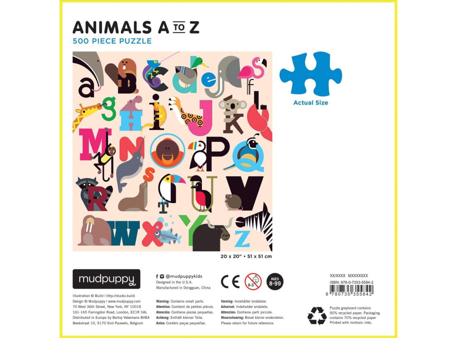 MUDPUPPY Štvorcové puzzle Zvieratá od A do Z 500 dielikov