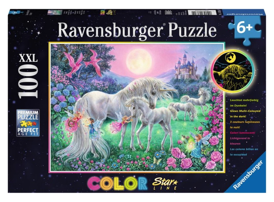 RAVENSBURGER Svietiace puzzle Jednorožce za splnu XXL 100 dielikov