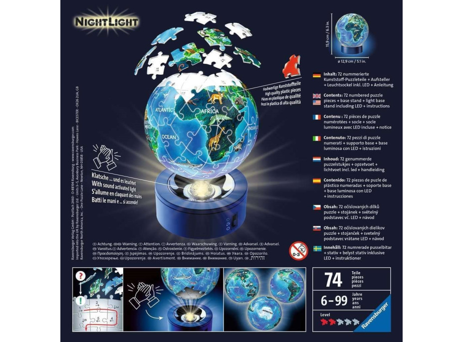 RAVENSBURGER Svietiaci puzzleball Nočný glóbus 72 dielikov