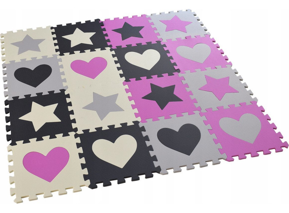 Matadi Penové puzzle šedo-ružové Srdce a hviezdy (28x28)