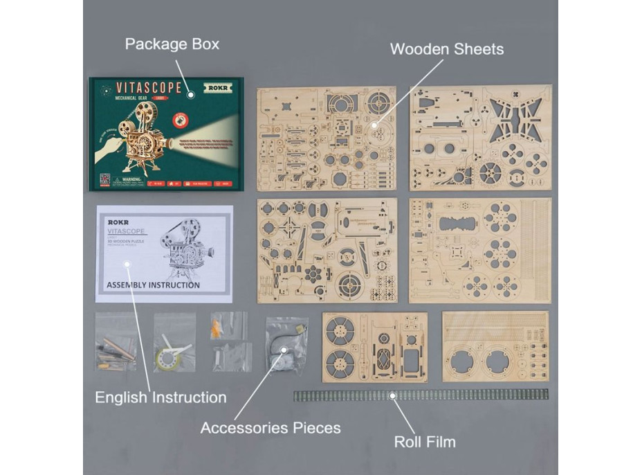 ROBOTIME Roker 3D drevené puzzle Mechanický filmový projektor 183 dielikov