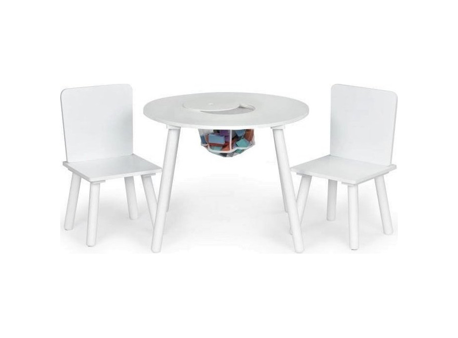 ECOTOYS Detský okrúhly drevený stôl s dvoma stoličkami biely