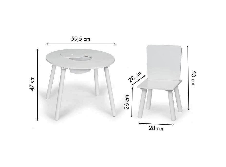 ECOTOYS Detský okrúhly drevený stôl s dvoma stoličkami biely