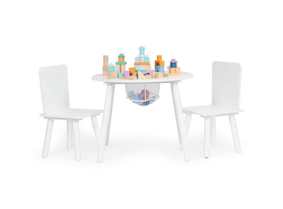 ECOTOYS Detský okrúhly drevený stôl s dvoma stoličkami biely