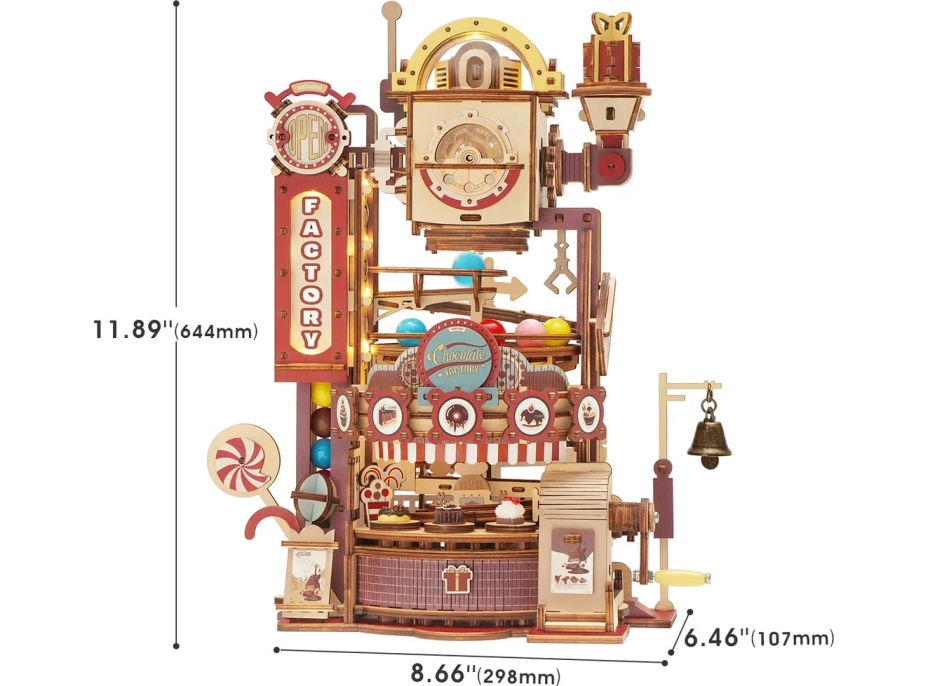 ROBOTIME Roker 3D drevené puzzle Guľôčková dráha: Továreň na čokoládu s LED svetlami 420 dielikov