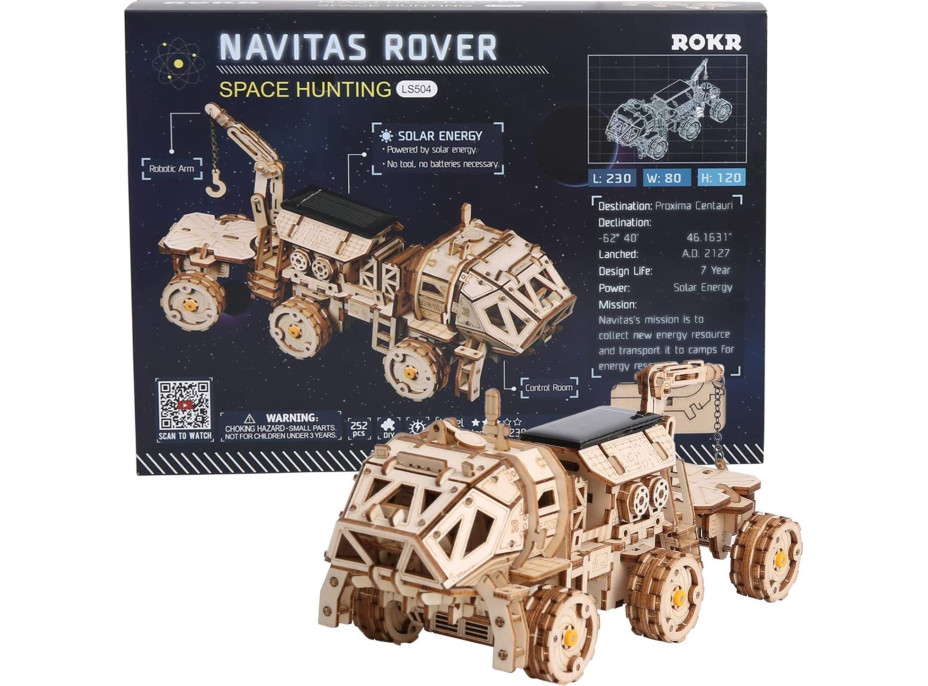ROBOTIME Roker 3D drevené puzzle Planetárne vozítko Navitas Rover na solárny pohon 252 dielikov