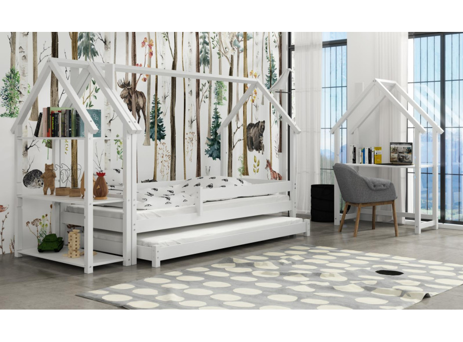 Detská domčeková posteľ z masívu borovice LUCKY HOUSE s prístelkou - 200x90 cm - biela