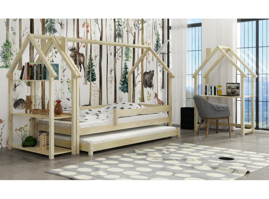 Detská domčeková posteľ z masívu borovice LUCKY HOUSE s prístelkou - 200x90 cm - prírodná