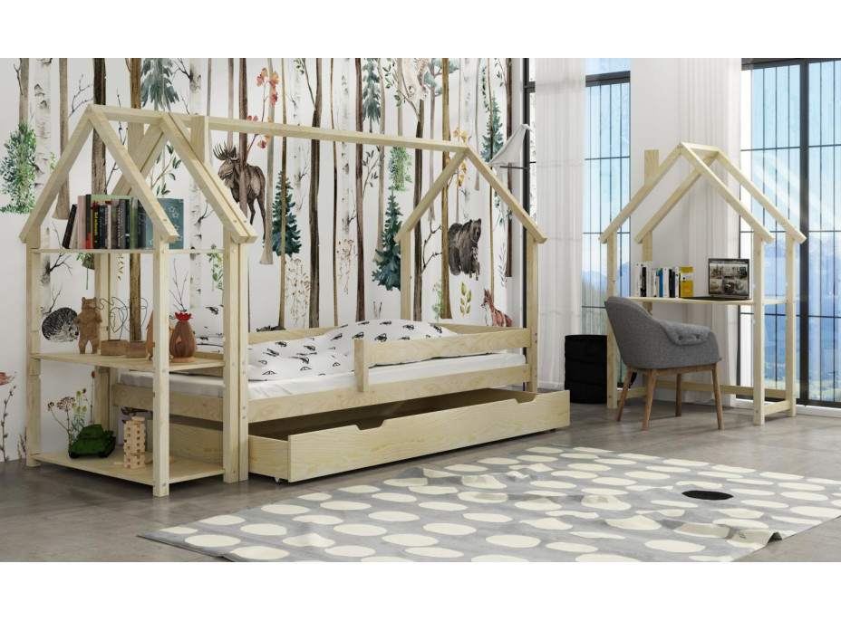 Detská domčeková posteľ z masívu borovice LUCKY HOUSE s prístelkou - 200x90 cm - prírodná